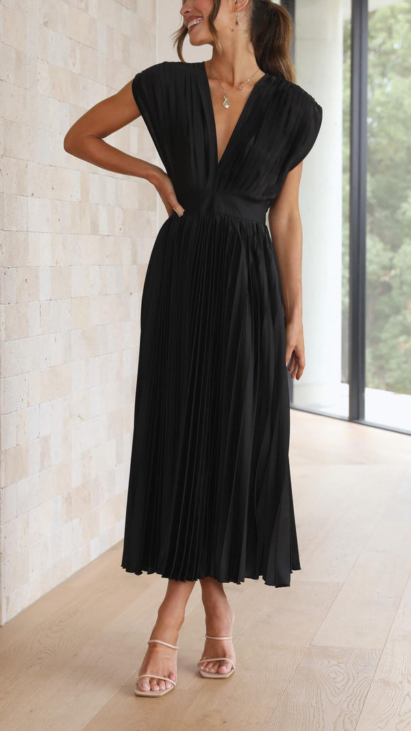 Women's Pleated Midi Dress with V-Neckline