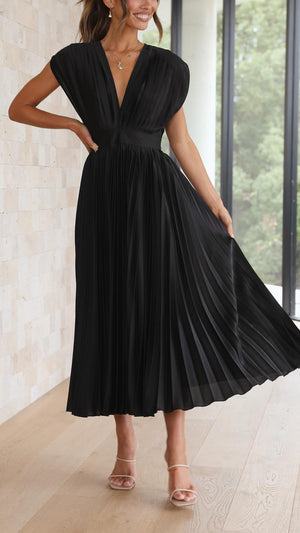 Women's Pleated Midi Dress with V-Neckline