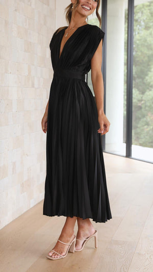 Women's Pleated Midi Dress with V-Neckline