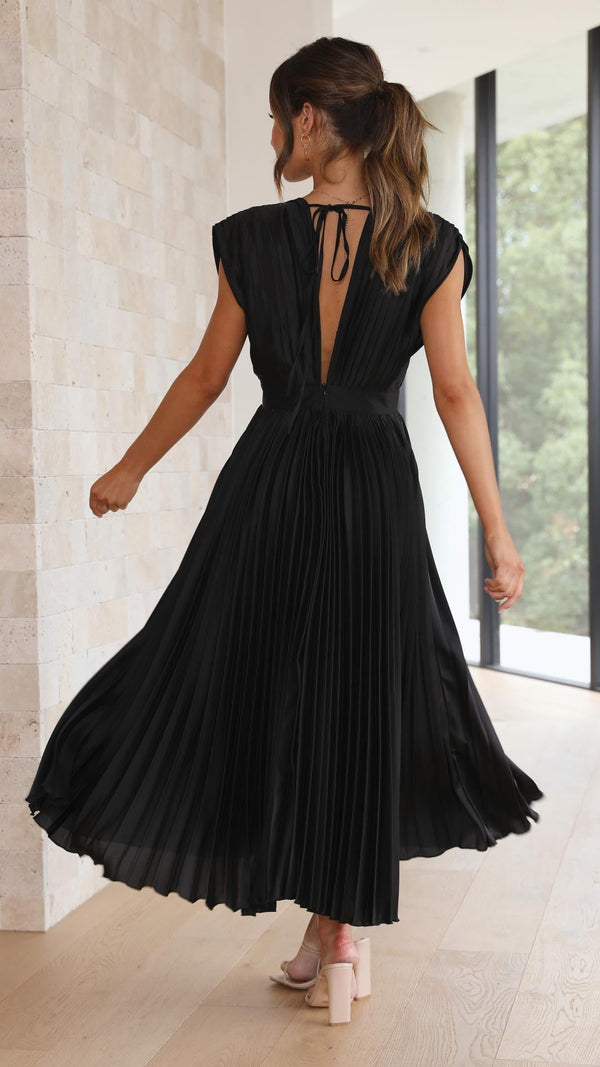 Women's Pleated Midi Dress with V-Neckline
