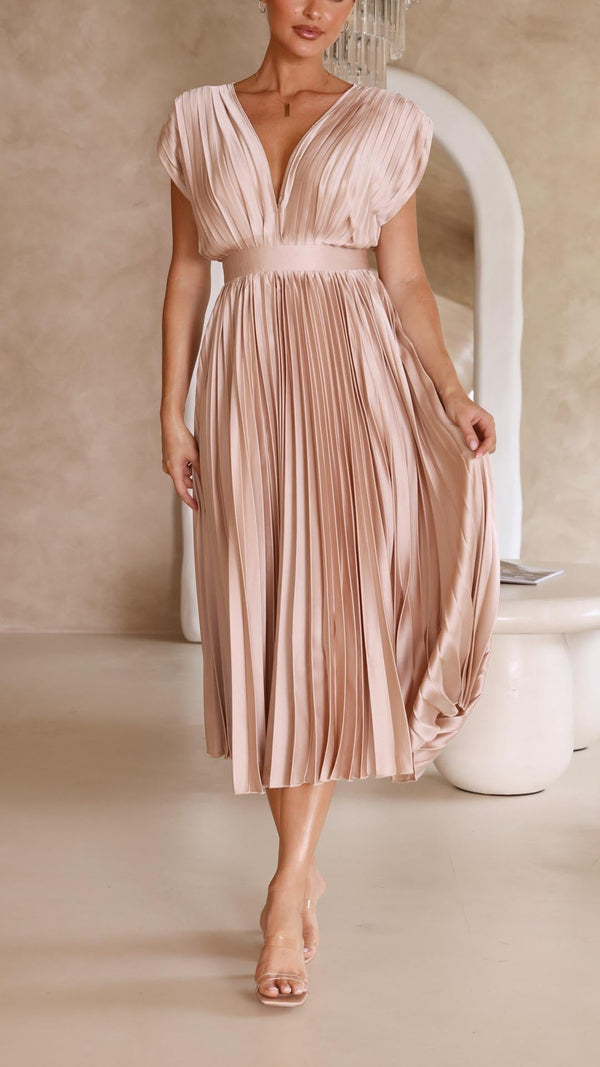 Women's Pleated Midi Dress with V-Neckline