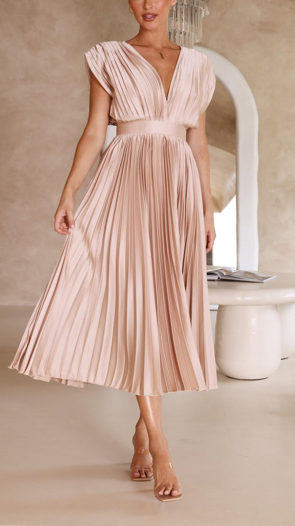 Women's Pleated Midi Dress with V-Neckline