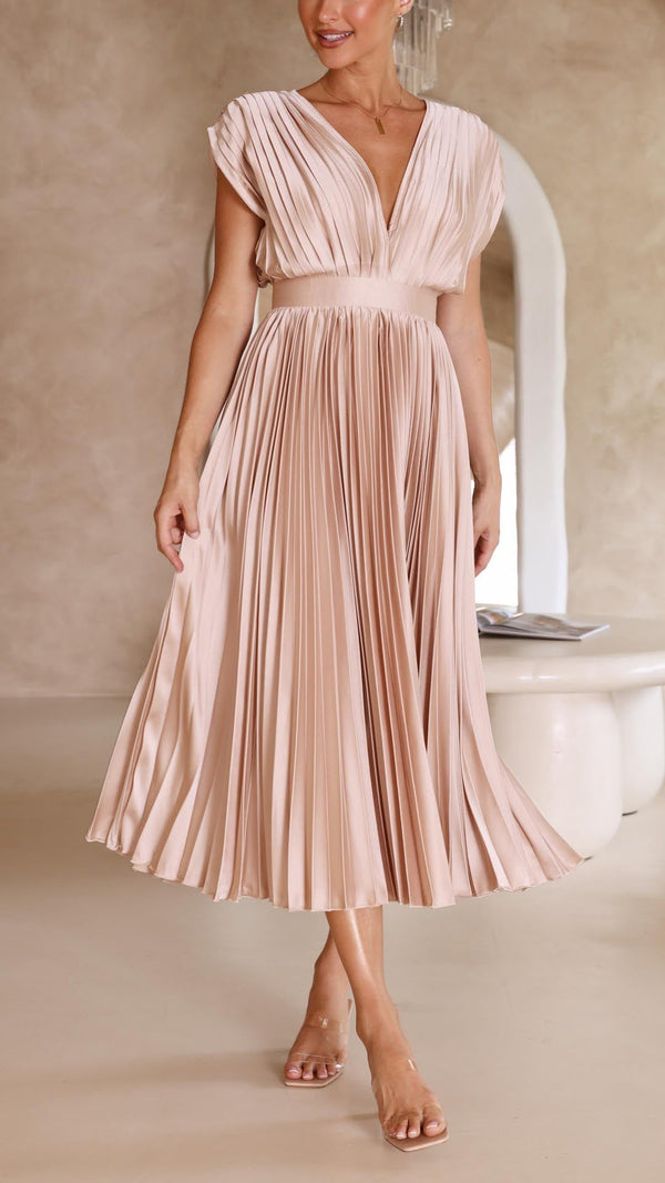 Women's Pleated Midi Dress with V-Neckline