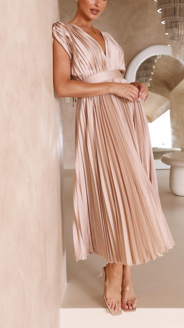 Women's Pleated Midi Dress with V-Neckline