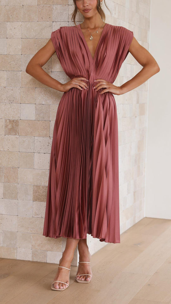 Women's Pleated Midi Dress with V-Neckline
