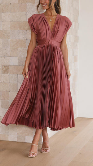 Women's Pleated Midi Dress with V-Neckline