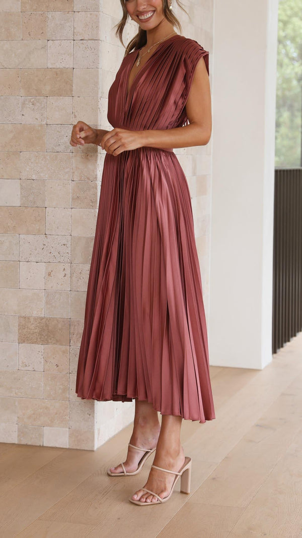 Women's Pleated Midi Dress with V-Neckline