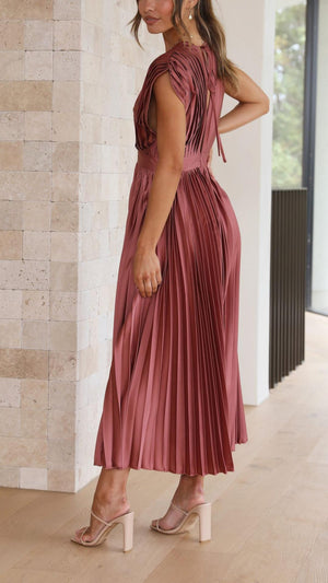 Women's Pleated Midi Dress with V-Neckline