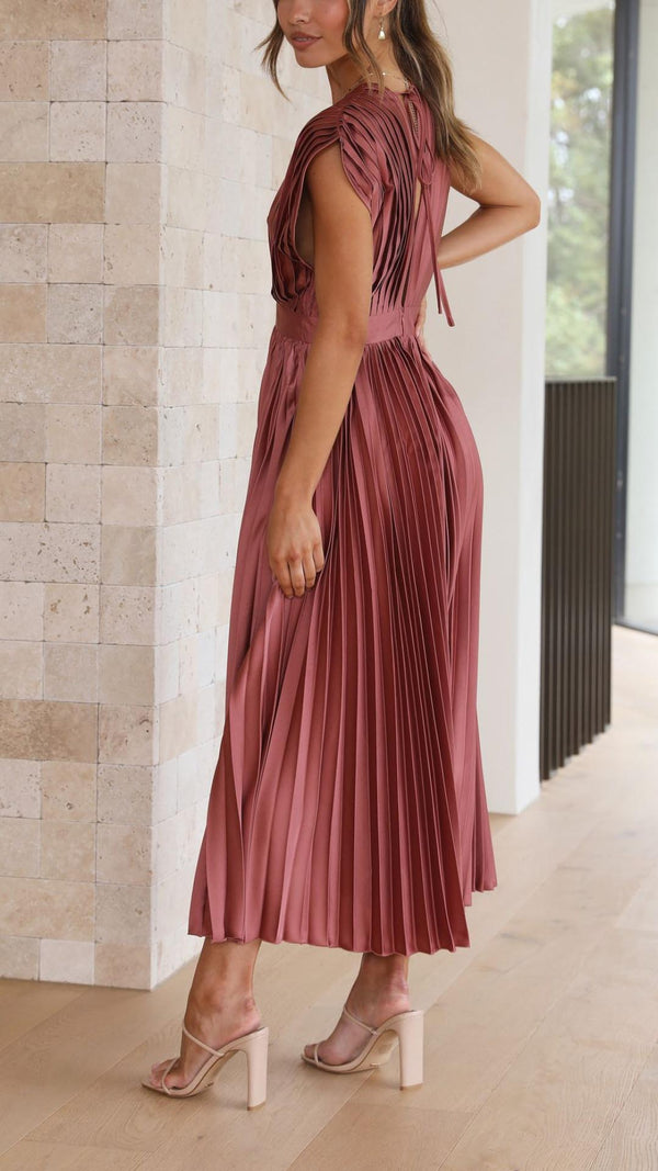 Women's Pleated Midi Dress with V-Neckline