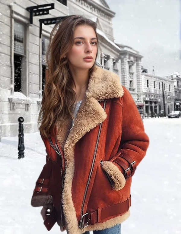 Women’s Faux Shearling Aviator Moto Winter Jacket