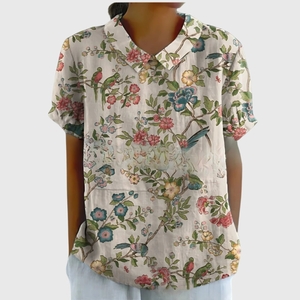Women’s Vintage Botanical Print Blouse with Peter Pan Collar