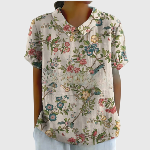 Women’s Vintage Botanical Print Blouse with Peter Pan Collar