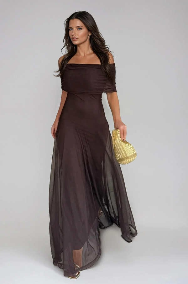 Women's Off-Shoulder Mesh Maxi Dress with Flowy Elegant Silhouette