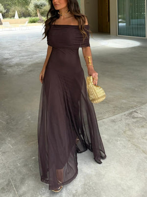 Women's Off-Shoulder Mesh Maxi Dress with Flowy Elegant Silhouette