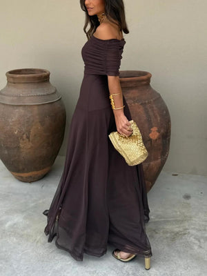Women's Off-Shoulder Mesh Maxi Dress with Flowy Elegant Silhouette