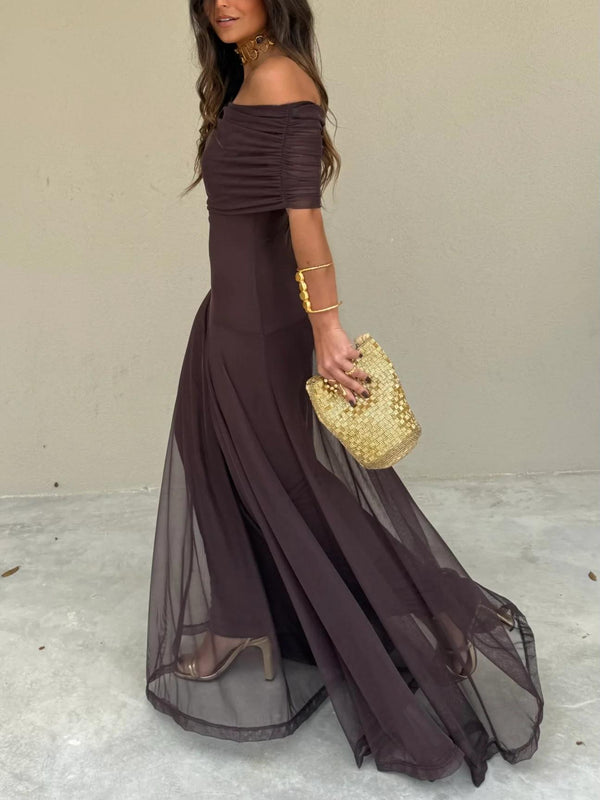 Women's Off-Shoulder Mesh Maxi Dress with Flowy Elegant Silhouette