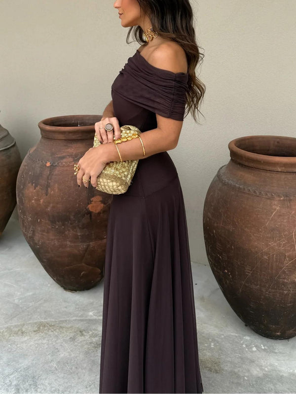 Women's Off-Shoulder Mesh Maxi Dress with Flowy Elegant Silhouette