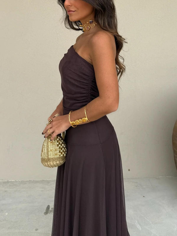Women's Off-Shoulder Mesh Maxi Dress with Flowy Elegant Silhouette