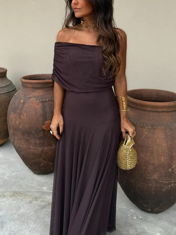 Women's Off-Shoulder Mesh Maxi Dress with Flowy Elegant Silhouette