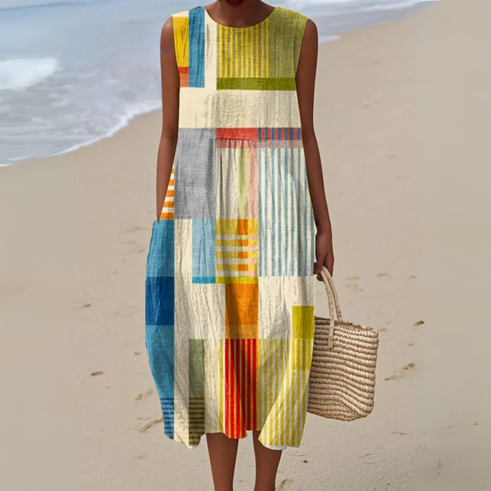 Women’s Artistic Patchwork Midi Dress with Modern Geometric Print