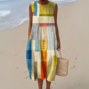 Women’s Artistic Patchwork Midi Dress with Modern Geometric Print