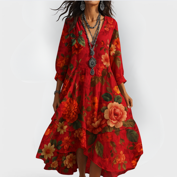 Women's Vintage Bohemian Floral Midi Dress with Flowing Hem