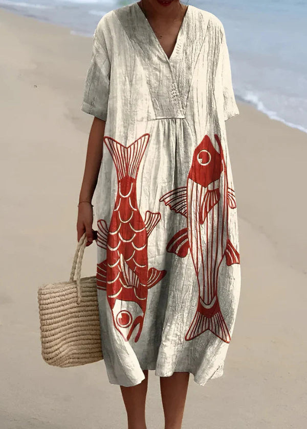 Vestido midi de mujer con escote en V y estampado artesanal