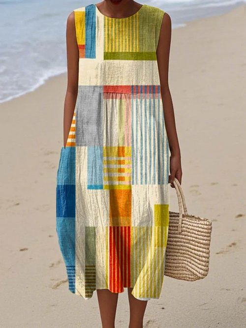 Vestido midi de mujer sin mangas y multicolor con patchwork