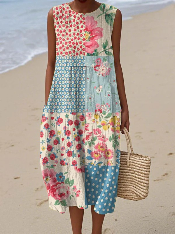 Women’s Loose Fit Patchwork Floral Midi Dress