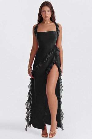 Elegant Women's Melantha Dress – Adjustable Straps – Ruffle Detail – High Slit