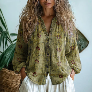 Women’s Vintage Floral Boho Button-Up Blouse