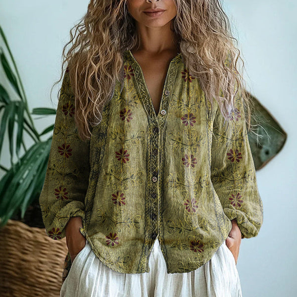 Women’s Vintage Floral Boho Button-Up Blouse