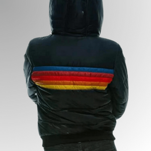 Chaqueta acolchada retro con rayas de arcoíris para mujer