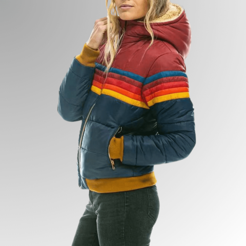 Chaqueta acolchada retro con rayas de arcoíris para mujer