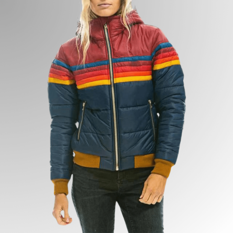Chaqueta acolchada retro con rayas de arcoíris para mujer