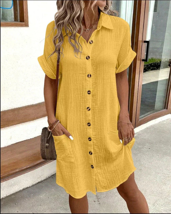 Women’s Button-Front Casual Shirt Dress with Roll-Up Sleeves and Pockets
