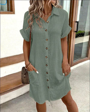 Women’s Button-Front Casual Shirt Dress with Roll-Up Sleeves and Pockets
