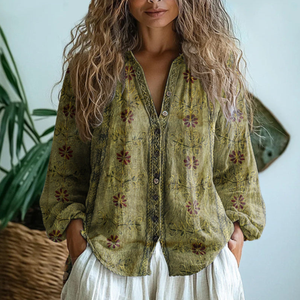 Blusa vintage con estampado botánico para mujer con ribete bordado