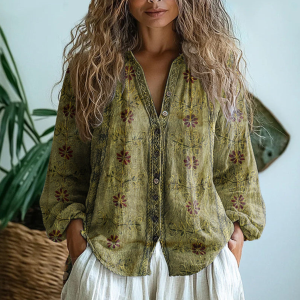 Blusa vintage con estampado botánico para mujer con ribete bordado