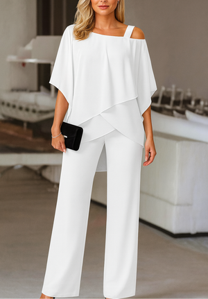 Women’s Elegant Off-Shoulder Layered Top & Wide Leg Pants Set