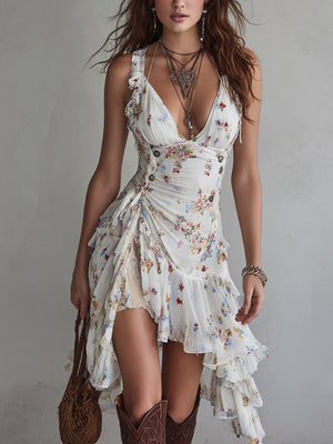 Women's Floral Asymmetric Ruffle Mini Dress