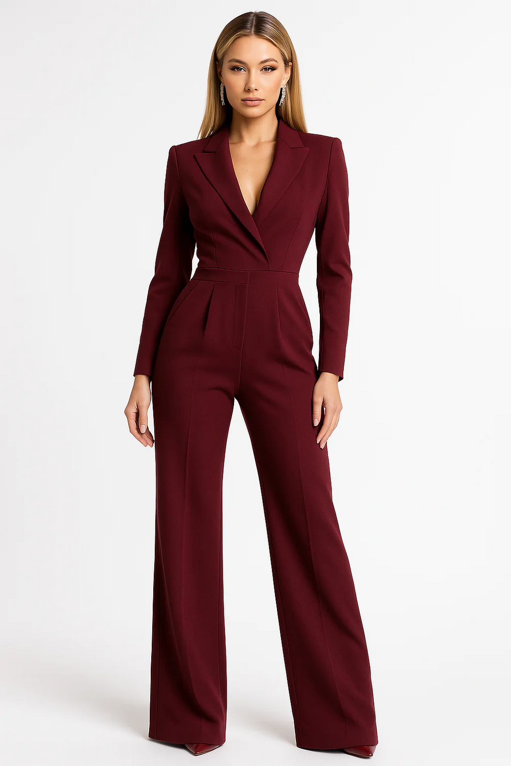 Elegant Tailored Fit Women’s Jumpsuit V-Neck Long Sleeve Wide Leg