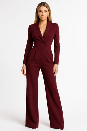 Elegant Tailored Fit Women’s Jumpsuit V-Neck Long Sleeve Wide Leg