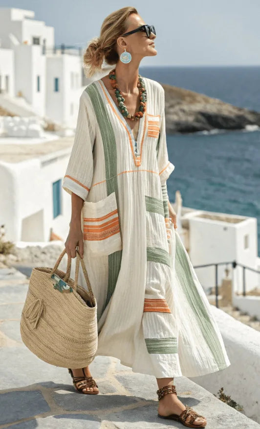 Women's V-Neck Striped Summer Maxi Dress