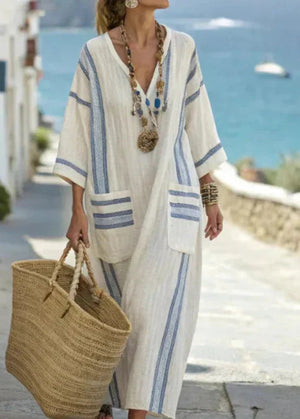 Women's V-Neck Striped Summer Maxi Dress