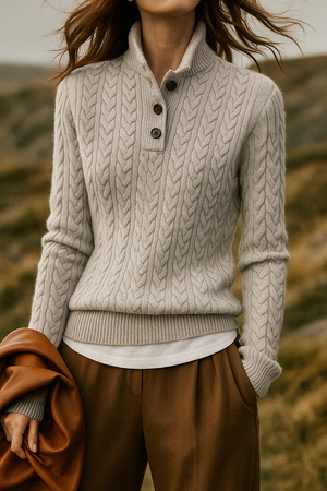 Classic Cable Knit Button-Neck Sweater