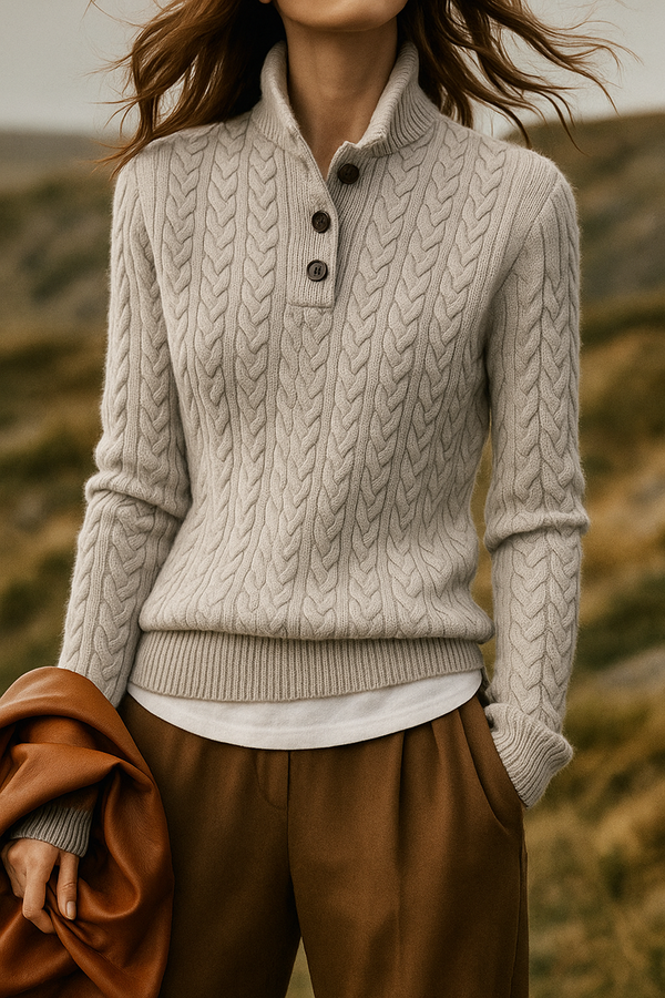 Classic Cable Knit Button-Neck Sweater