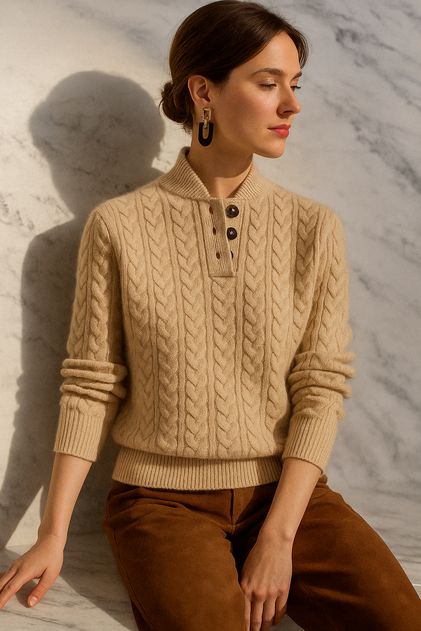 Classic Cable Knit Button-Neck Sweater