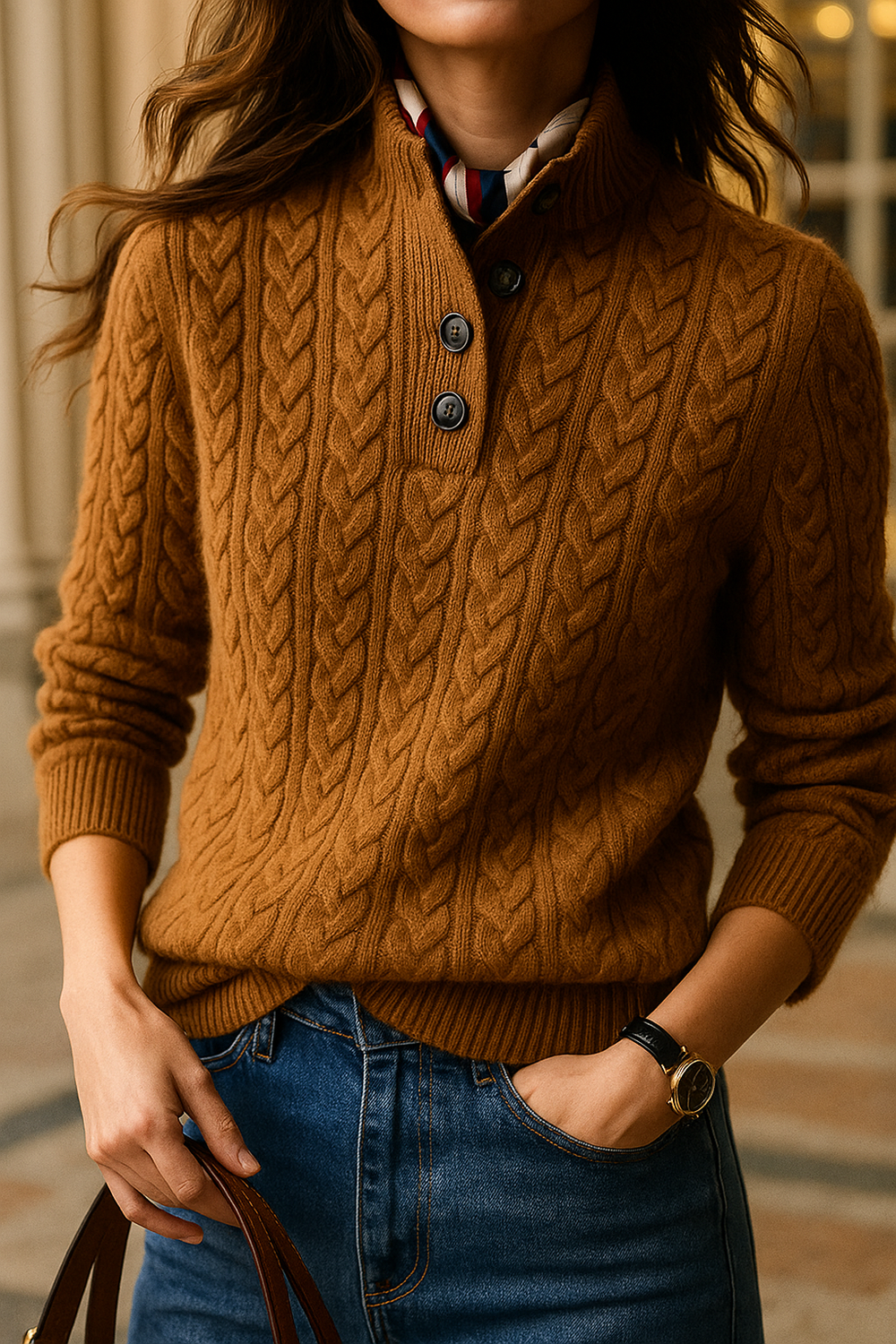 Classic Cable Knit Button-Neck Sweater