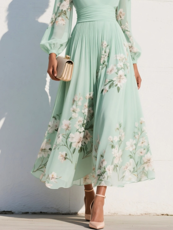Women's Floral Embroidered Midi Dress with V-Neck, Long Sheer Sleeves